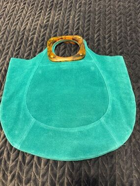 Anthropologie Teal Suede Tote with Tortoiseshell Handle